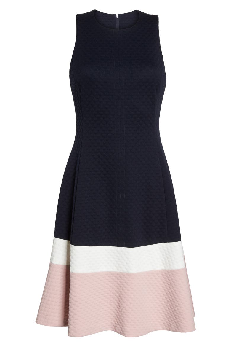 Colorblock Texture Knit Fit & Flare Dress, Alternate, color, NAVY/ IVORY/ BLUSH