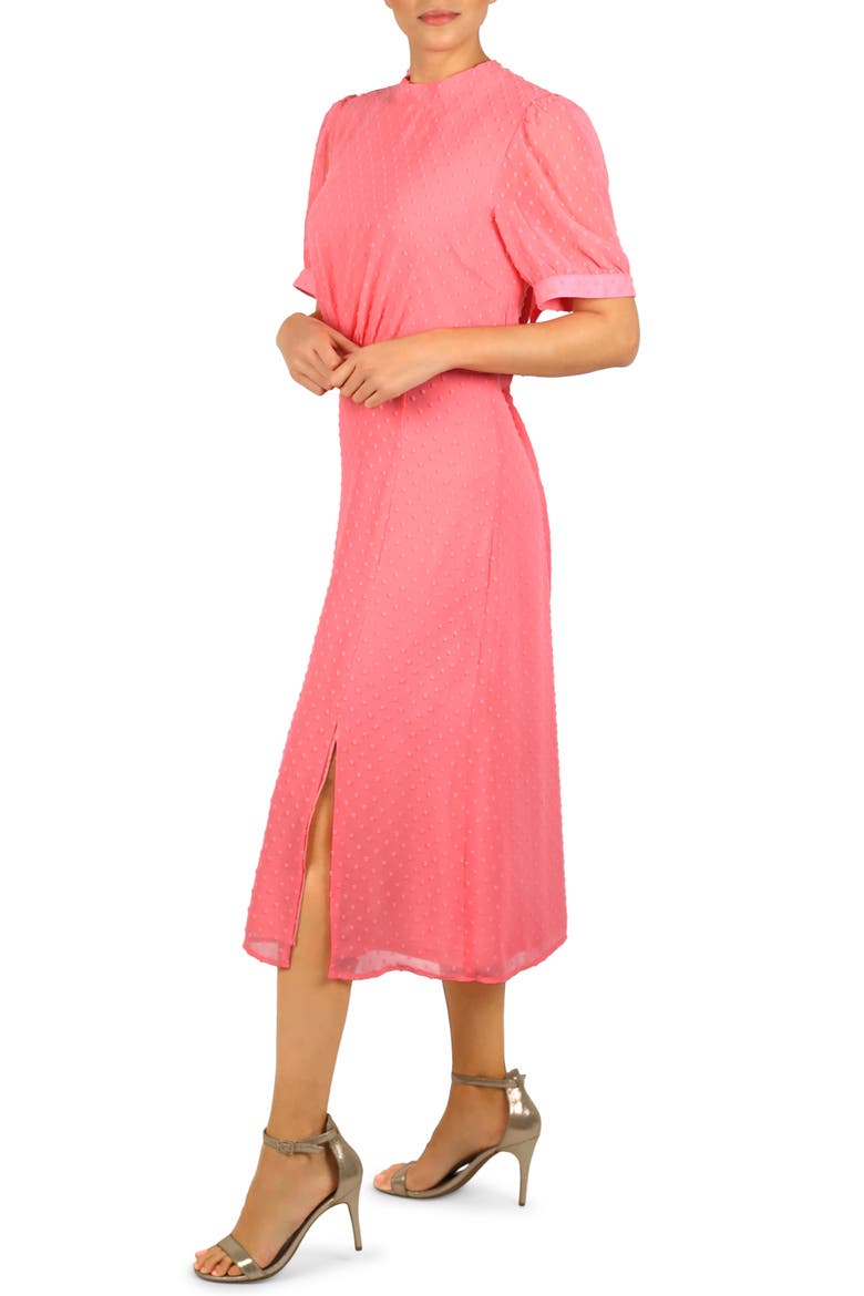 Puff Sleeve Fit & Flare Midi Dress, Main, color, NEON PINK
