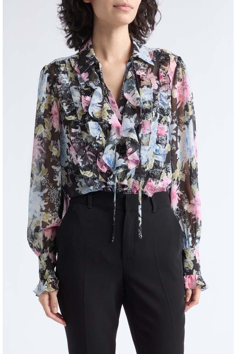 Phebe Ikat Dahlia Ruffled Top, Main, color, BLACK MULTI