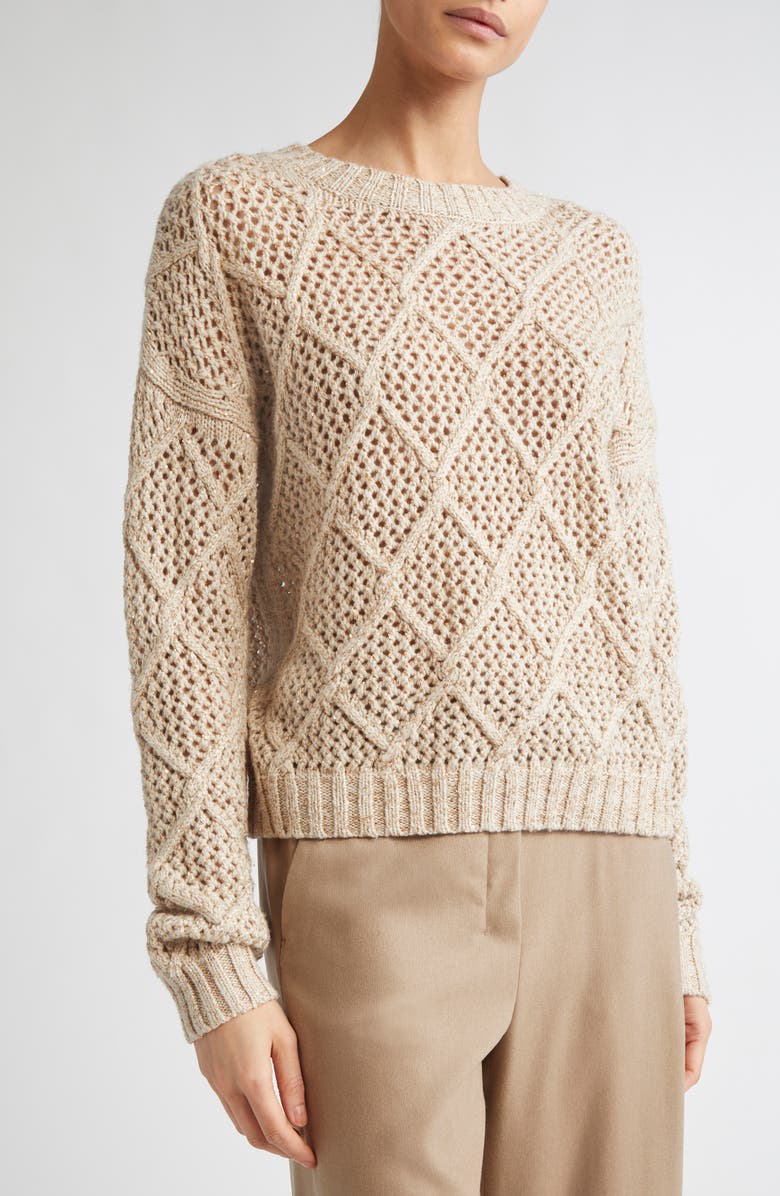 Max Mara Studio Ellade Diamond Wool & Cashmere Crewneck Sweater, Alternate, color, Beige