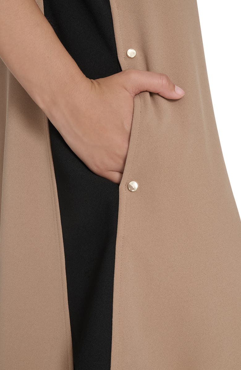 Tommy Hilfiger Colorblock Short Sleeve Pocket Trapeze Dress, Alternate, color, Truffle/ Black