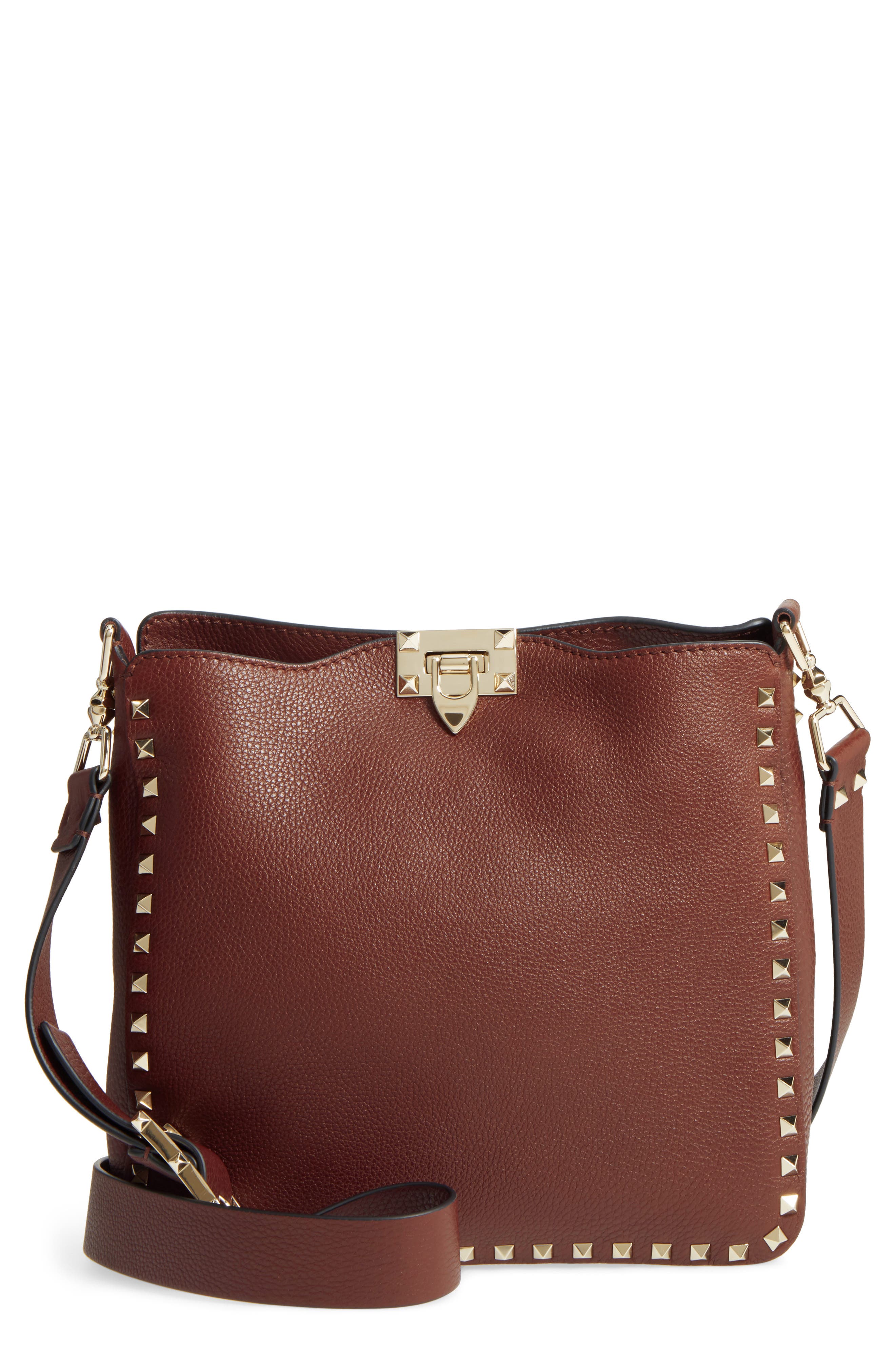 Valentino Garavani Small Rockstud Leather Hobo, Main, color, 