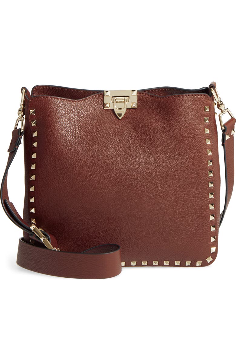Valentino Garavani Small Rockstud Leather Hobo, Main, color,