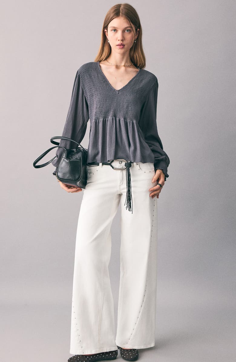 MANGO TEEN Smocked Flowy Top, Alternate, color, Charcoal