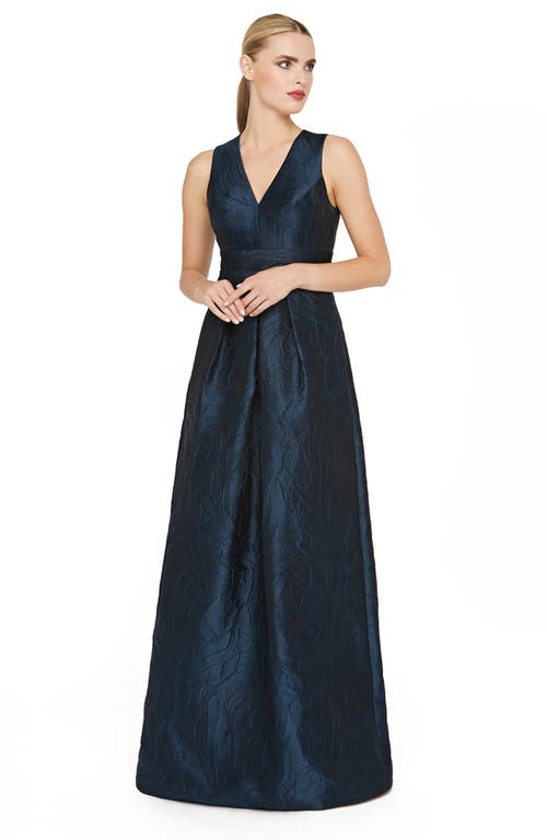 Kay Unger Mariah Crinkle Pleated Gown In Blue