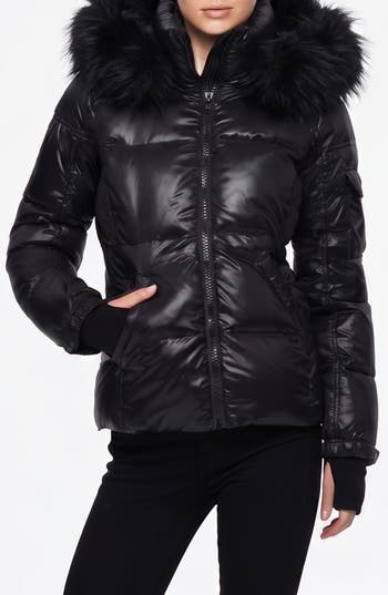 S13 Allie Water Repellent Puffer Jacket With Removable Faux Fur Trim Hood In Jet/ Black