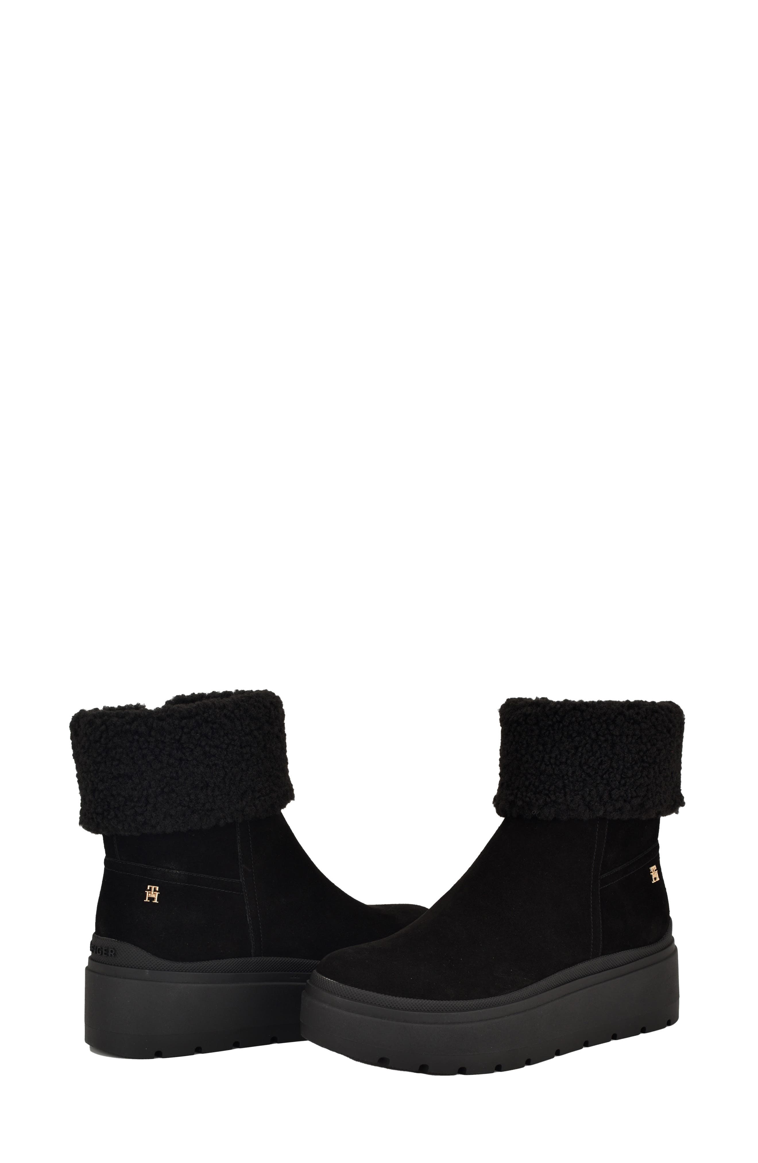 Tommy Hilfiger Peleiz Faux Shearling Cuff Platform Bootie, Alternate, color, Black Suede Shearling