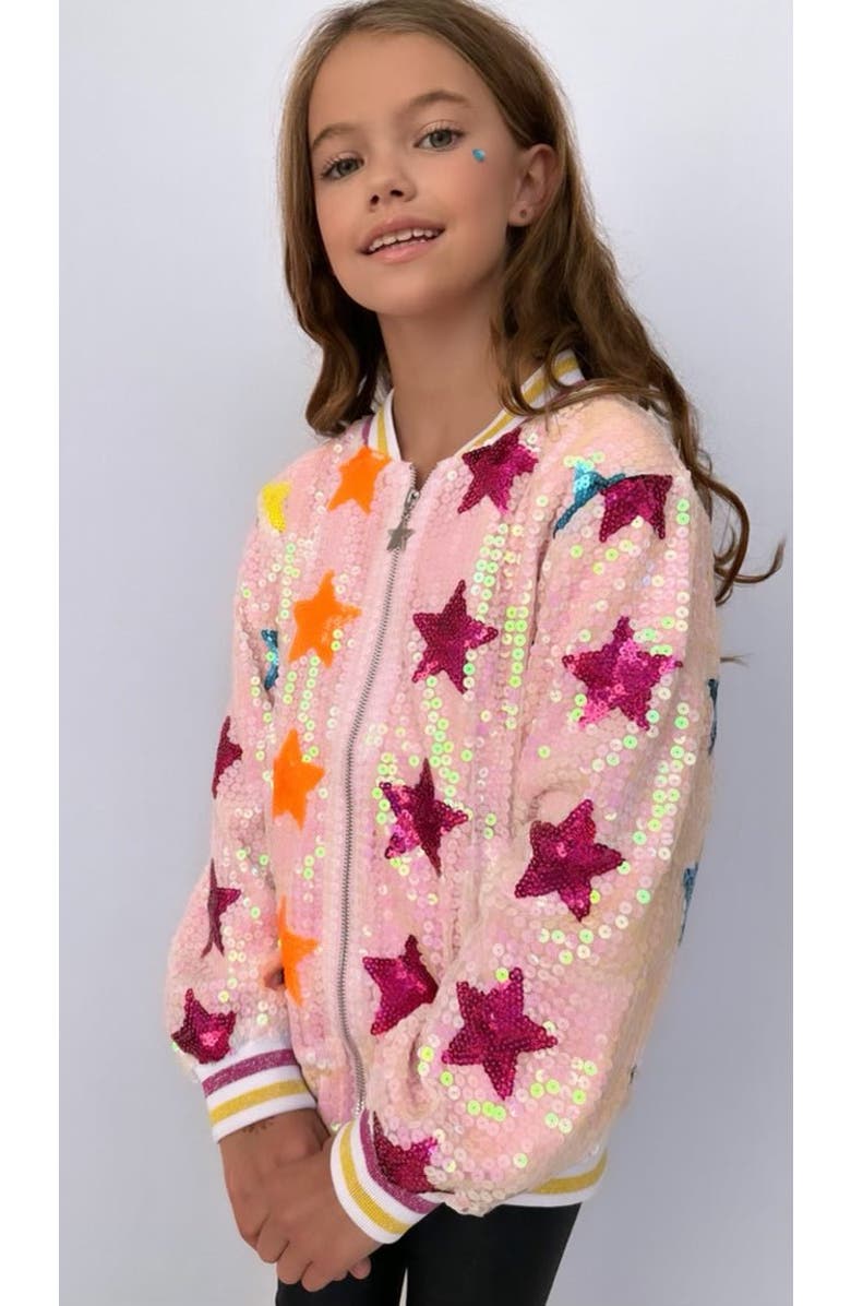Lola + The Boys Rainbow Stars Sequin Bomber, Alternate, color, 