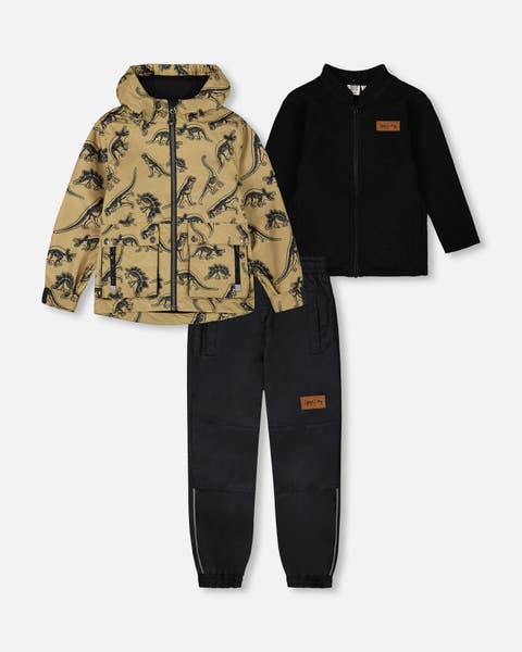 Baby Boy's 3-In-1 Mid-Season Outerwear Set Black Dinosaur On Beige Background
