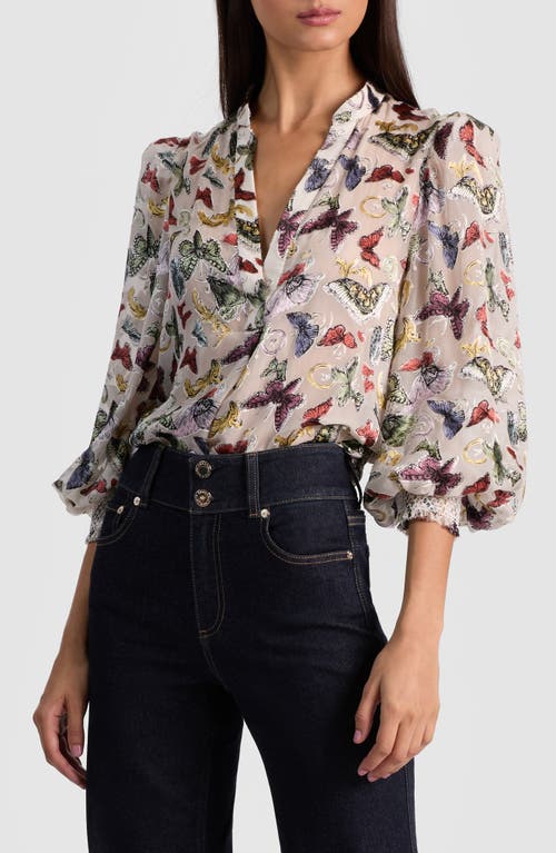 Alice And Olivia Sheila Blouson Sleeve Smocked Cuff Henley Top Spread Your Wings In Multi