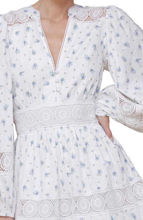 Avec Les Filles Lace Trim Long Sleeve Cotton Minidress In Scattered Ditsy