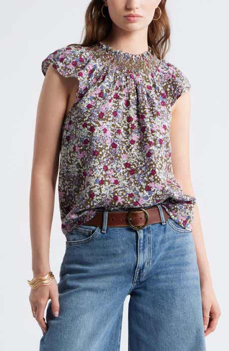 Smocked Neck Linen Blend Top