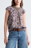 Treasure & Bond Smocked Neck Linen Blend Top