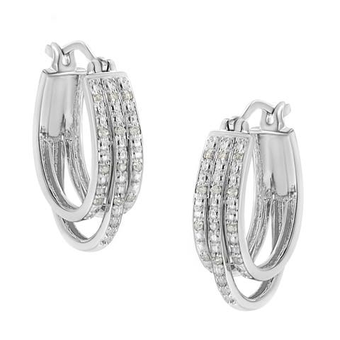 Silver 1/4 Cttw Diamond and Alternating Beaded Triple Hoop Earring