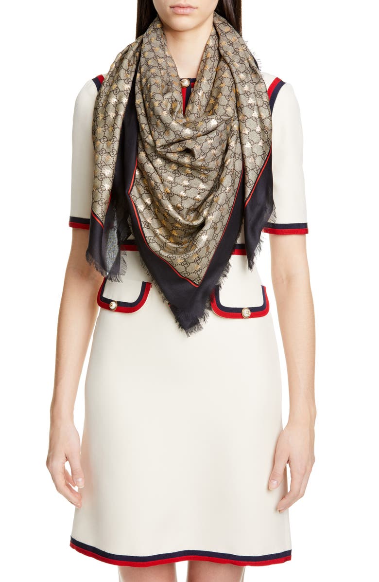 Gucci GG Bees Modal & Silk Shawl, Alternate, color, 