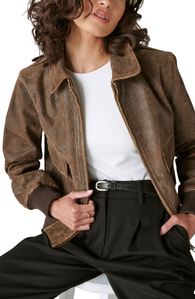 Lucky Brand Distressed Leather Bomber Jacket, Alternate, color,