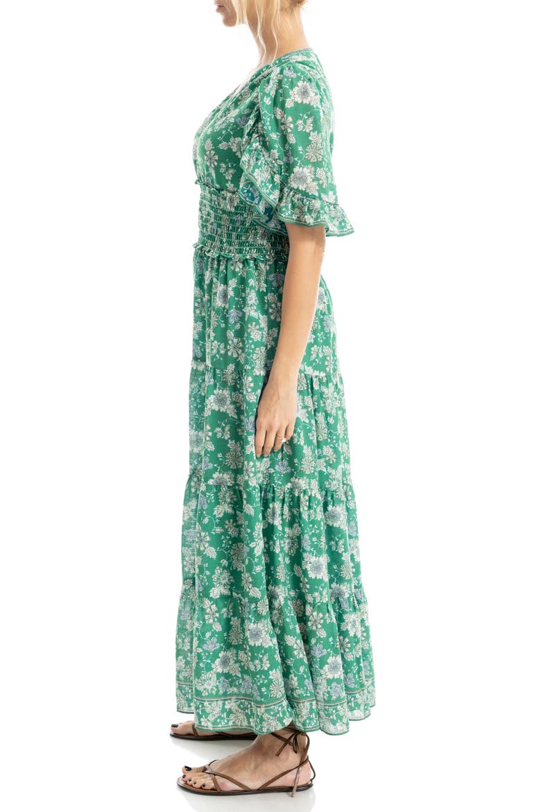 V-Neck Flutter Sleeve Smocked Waist Maxi Dress, Alternate, color, GREEN LARGE FLORAL