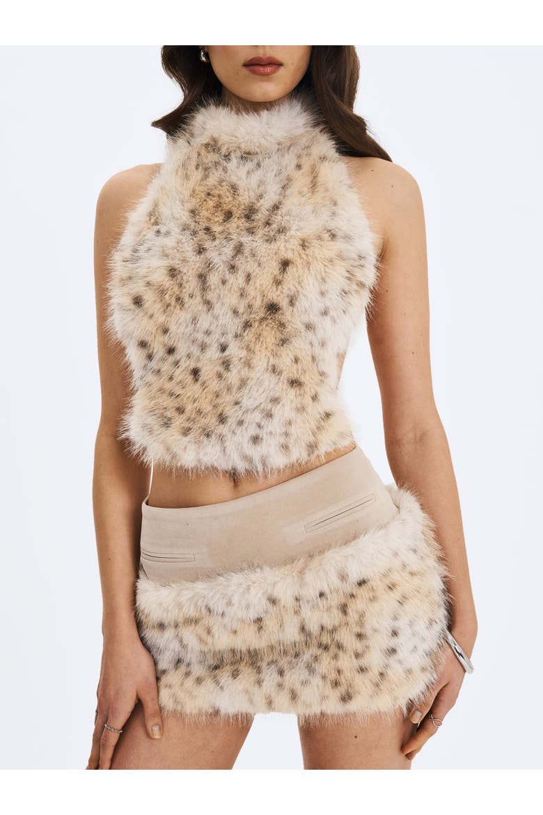 Sasha Cheetah Backless Contoured Faux Fur Halter Top, Alternate, color, Tan