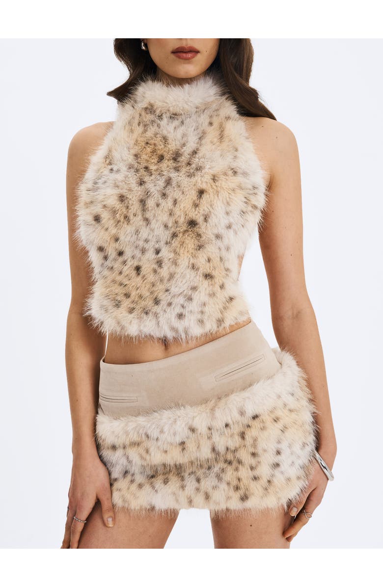 Miss Circle Sasha Cheetah Backless Contoured Faux Fur Halter Top, Alternate, color, Tan