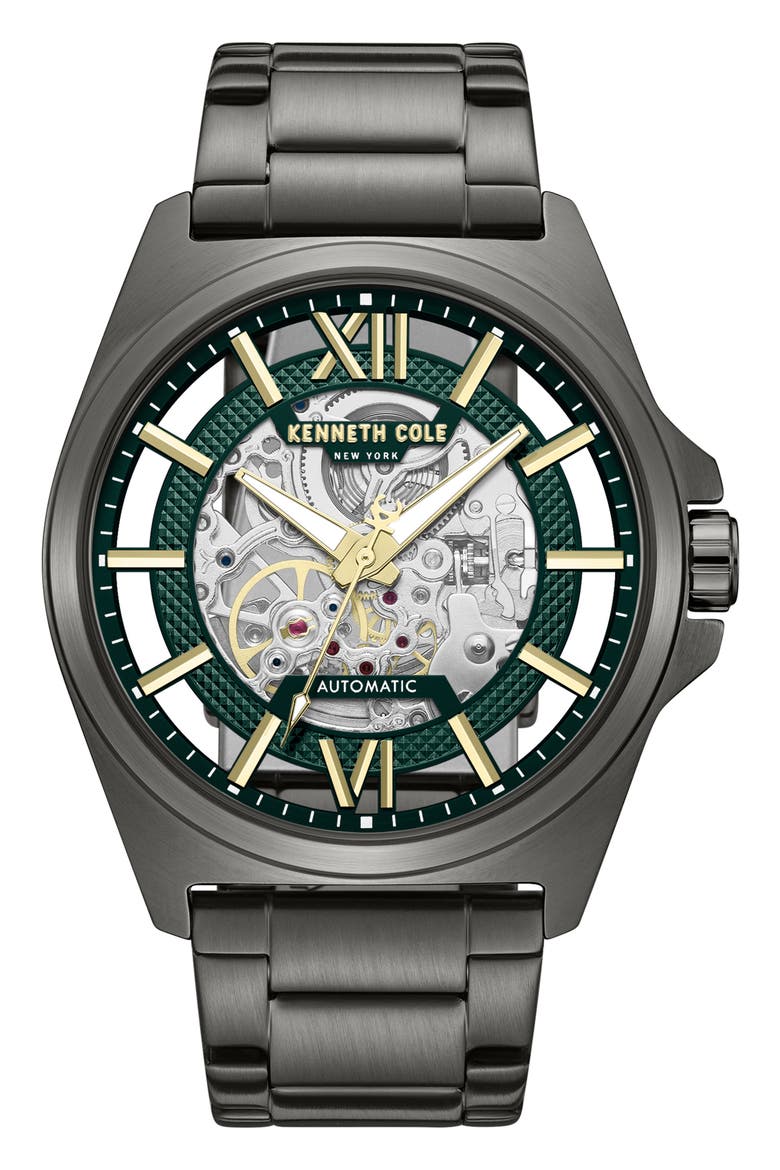 Skeleton Gunmetal Automatic Bracelet Watch, 44mm, Main, color, DARK GRAY