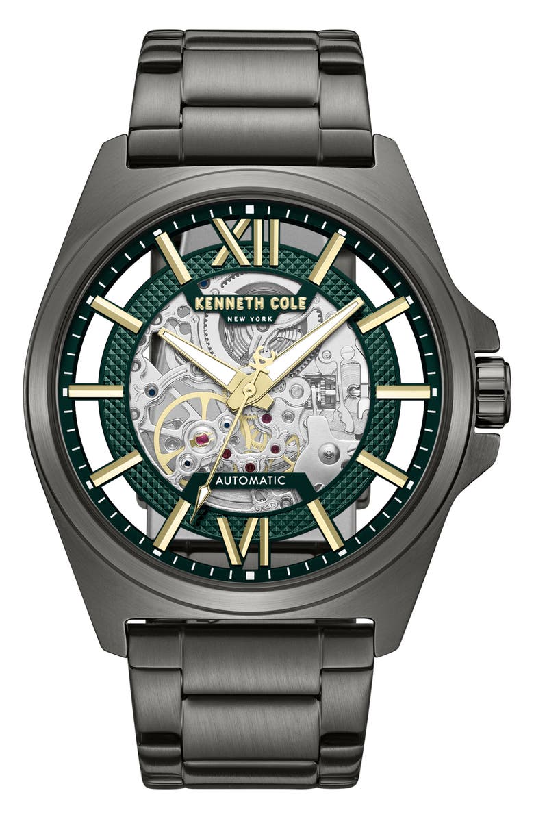 Kenneth Cole New York Skeleton Gunmetal Automatic Bracelet Watch, 44mm, Main, color, Dark Gray