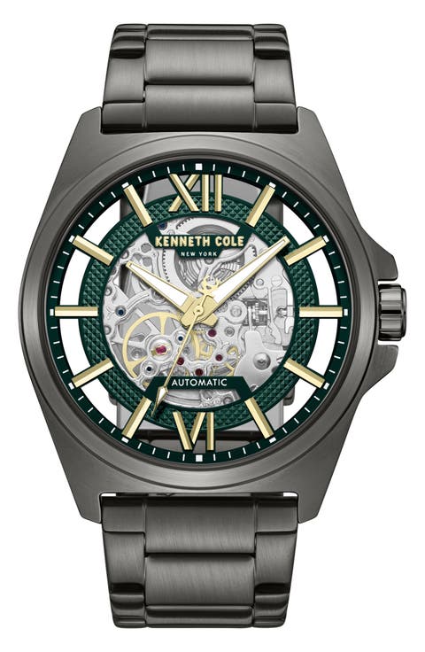 Skeleton Gunmetal Automatic Bracelet Watch, 44mm