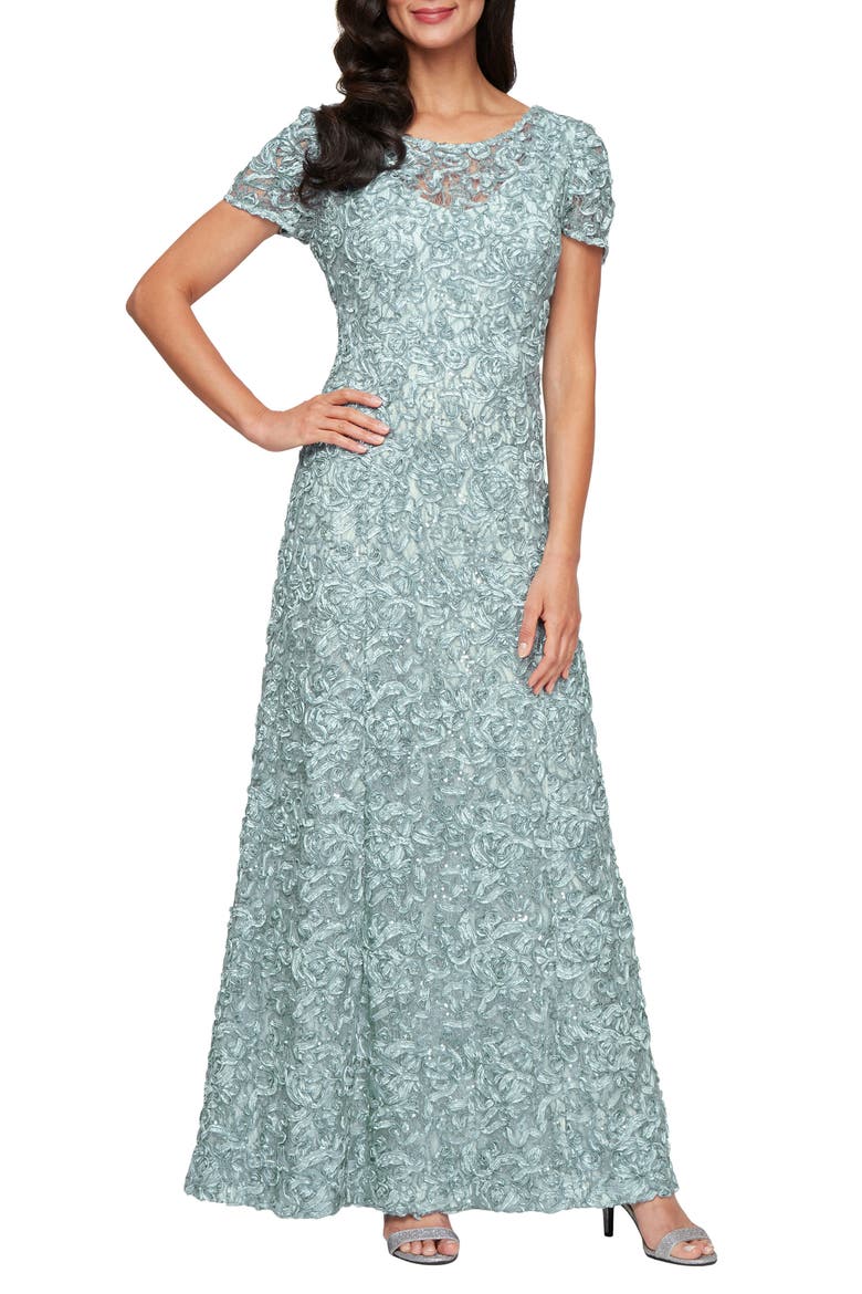 Sequin Soutache Short Sleeve A-Line Gown, Main, color, ICE SAGE