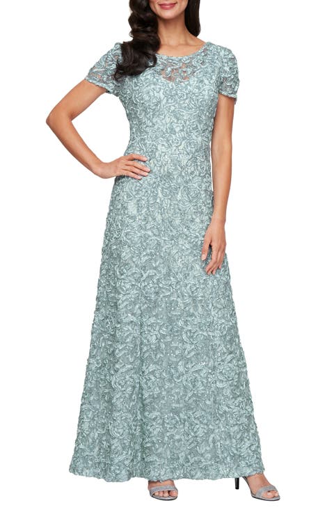 Sequin Soutache Short Sleeve A-Line Gown