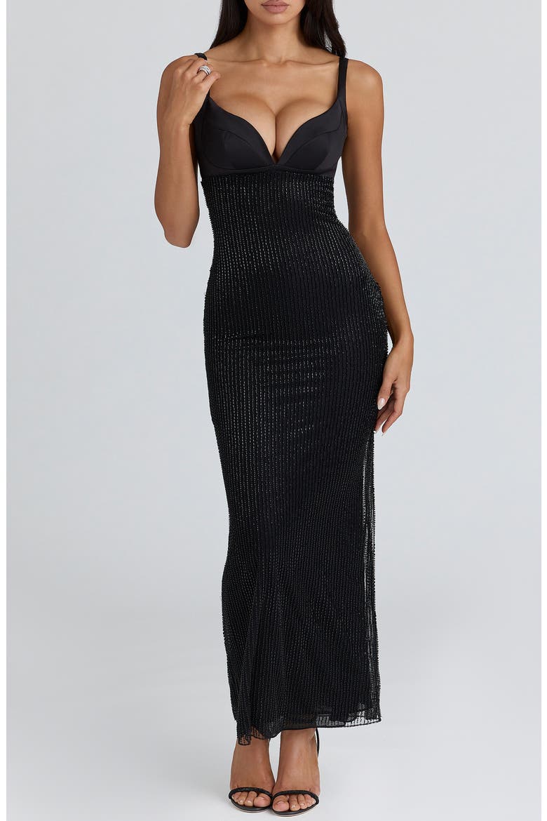 Ari Hand Beaded Body-Con Gown, Main, color, BLACK