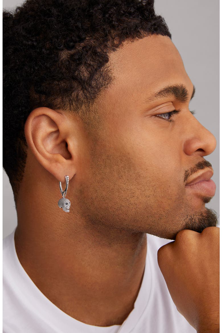 Men's Caviar Bead Skull Earrings, Alternate, color, STERLING SILVER