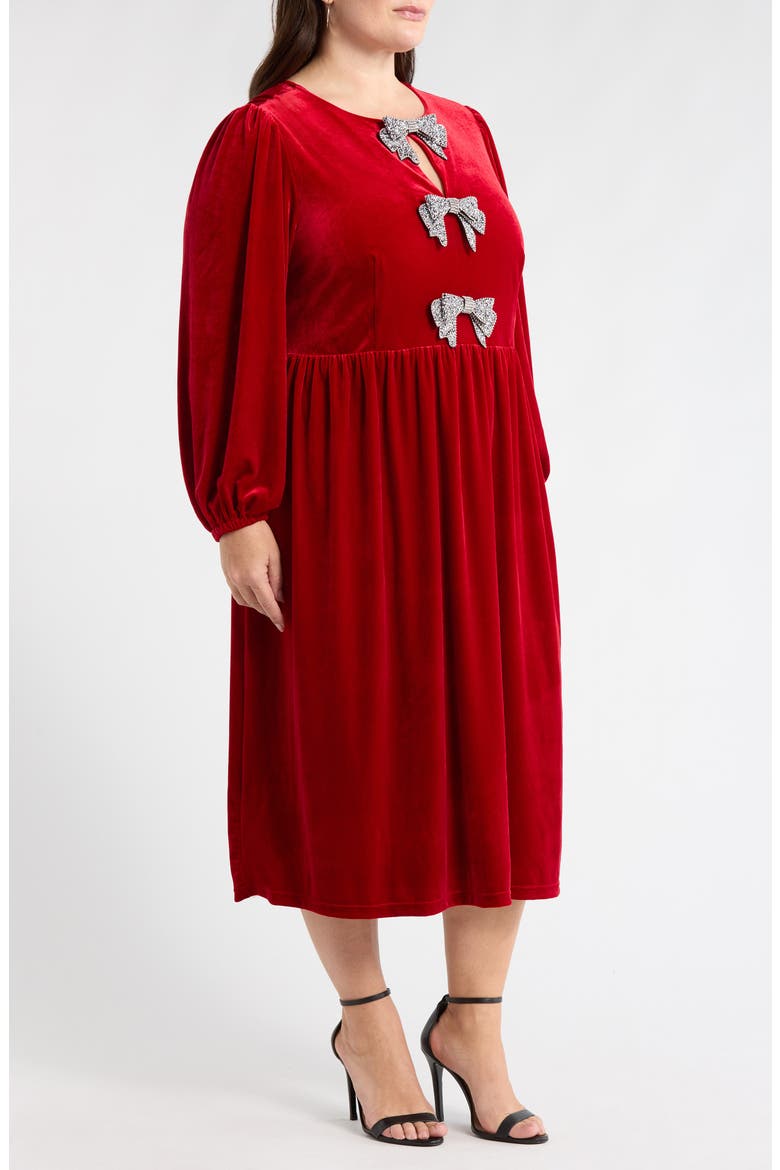 Jena Glow Bow Long Sleeve Velvet Midi Dress, Alternate, color, RED