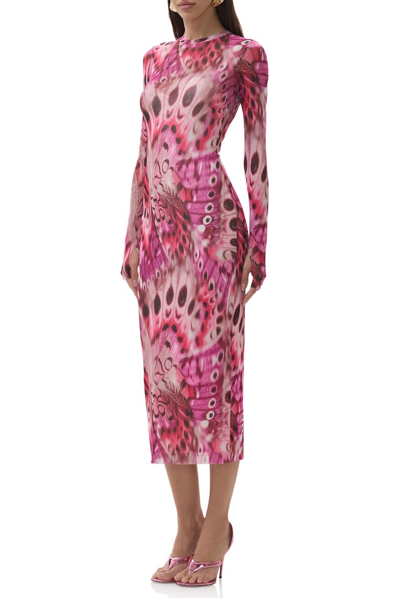 Ashland Print Long Sleeve Mesh Midi Dress, Alternate, color, BERRY BUTTERFLY