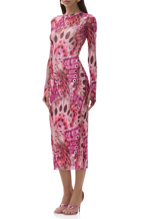 Afrm Ashland Print Long Sleeve Mesh Midi Dress In Multi