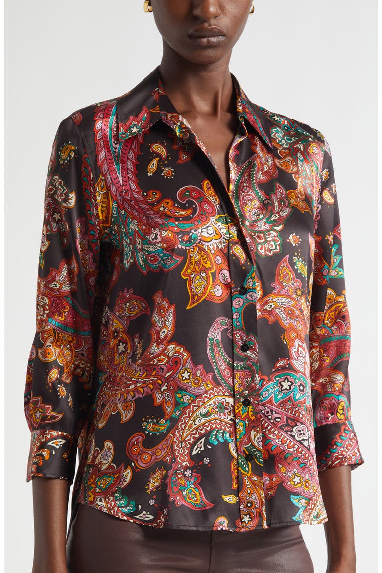 Dani Paisley Three-Quarter Sleeve Silk Button-Up Shirt, Alternate, color, BLACK MULTI PAISLEY SCROLL
