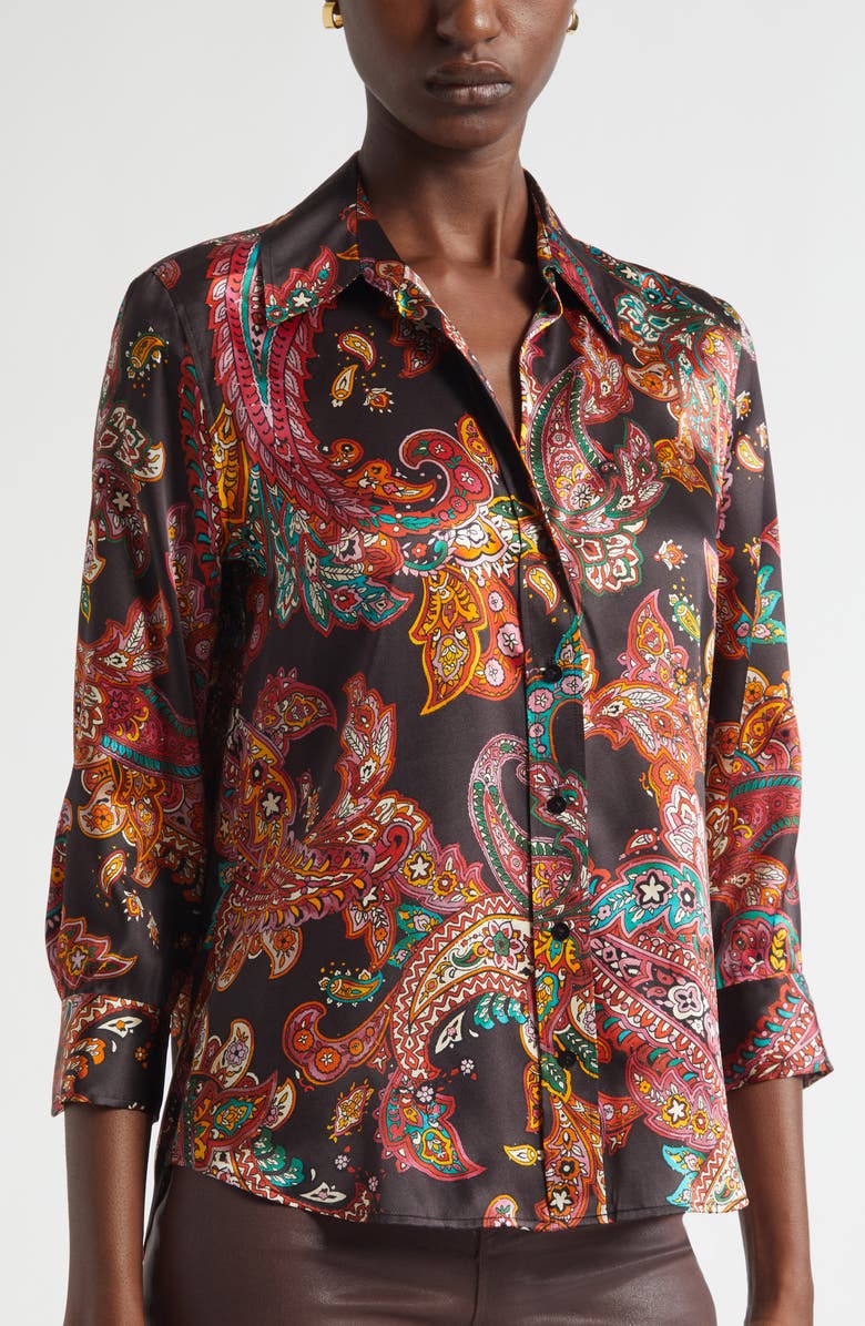 L'AGENCE Dani Paisley Three-Quarter Sleeve Silk Button-Up Shirt, Alternate, color, Black Multi Paisley Scroll