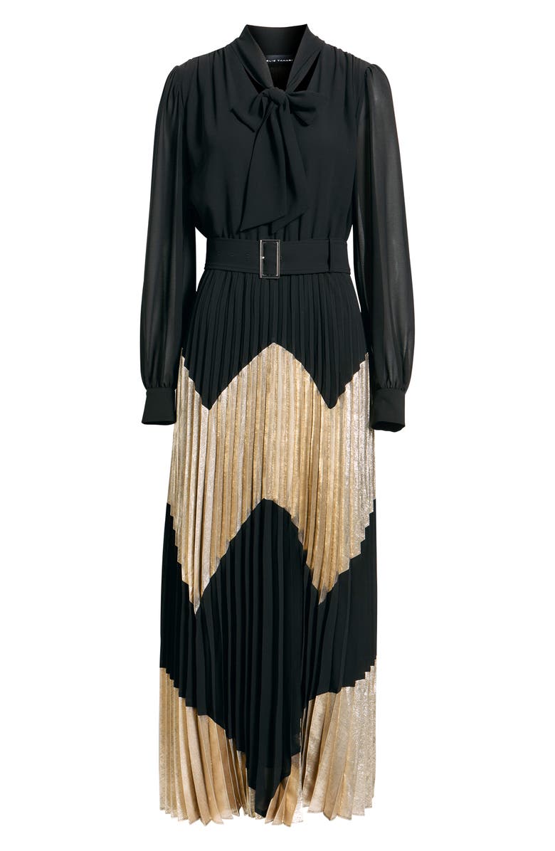 Elie Tahari The Carrie Pleated Chevron Long Sleeve Maxi Dress, Alternate, color, Noir/ Metallic Gold