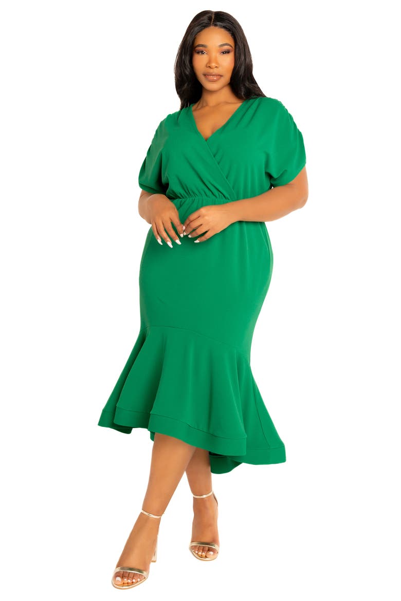 Wrap Front Flounce Hem High-Low Mermaid Midi Dress, Alternate, color, GREEN