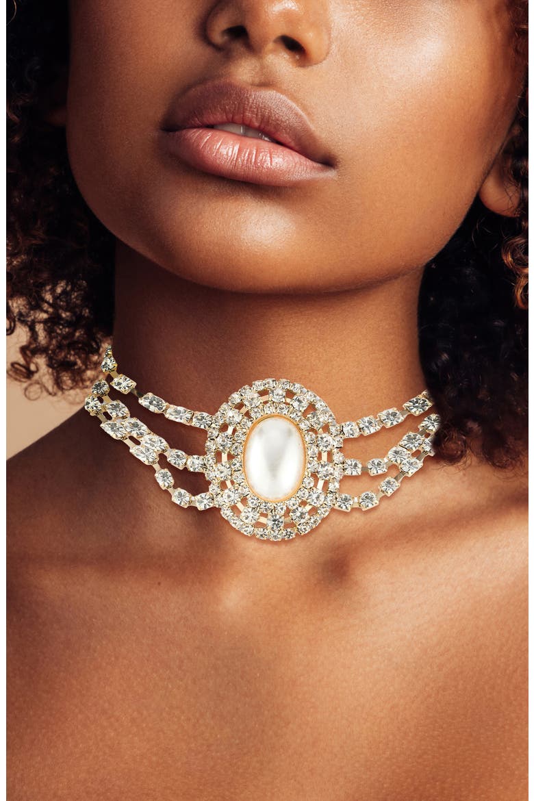 Faux Pearl & Cubic Zirconia Choker Necklace, Alternate, color, GOLD