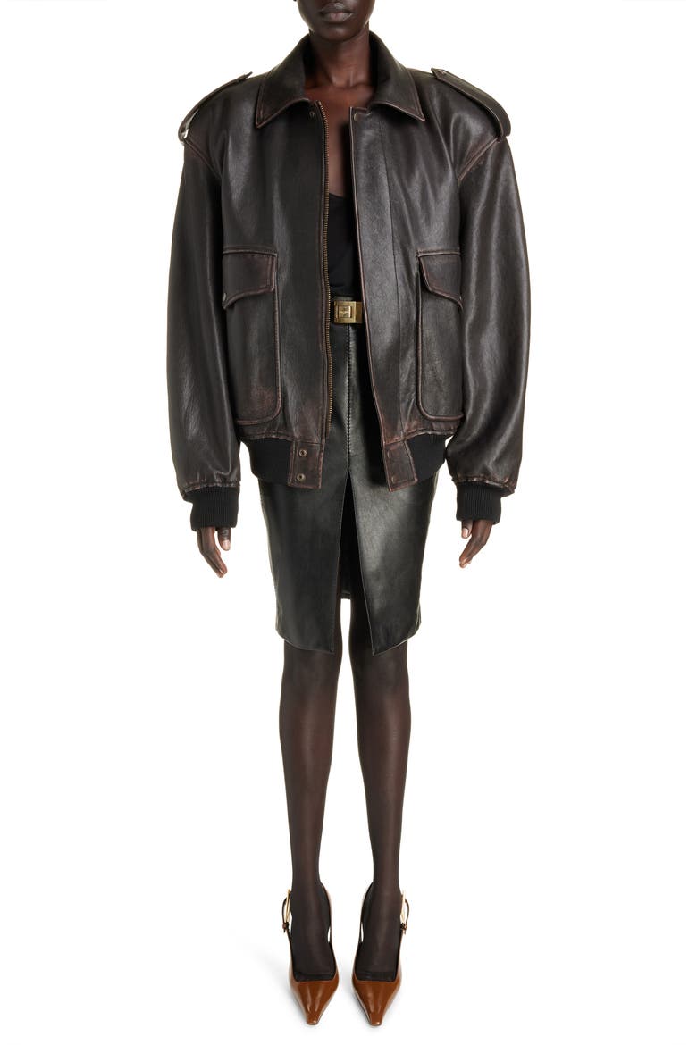 Oversize Lambskin Leather Bomber Jacket, Alternate, color, REGLISSE/ AUBURN