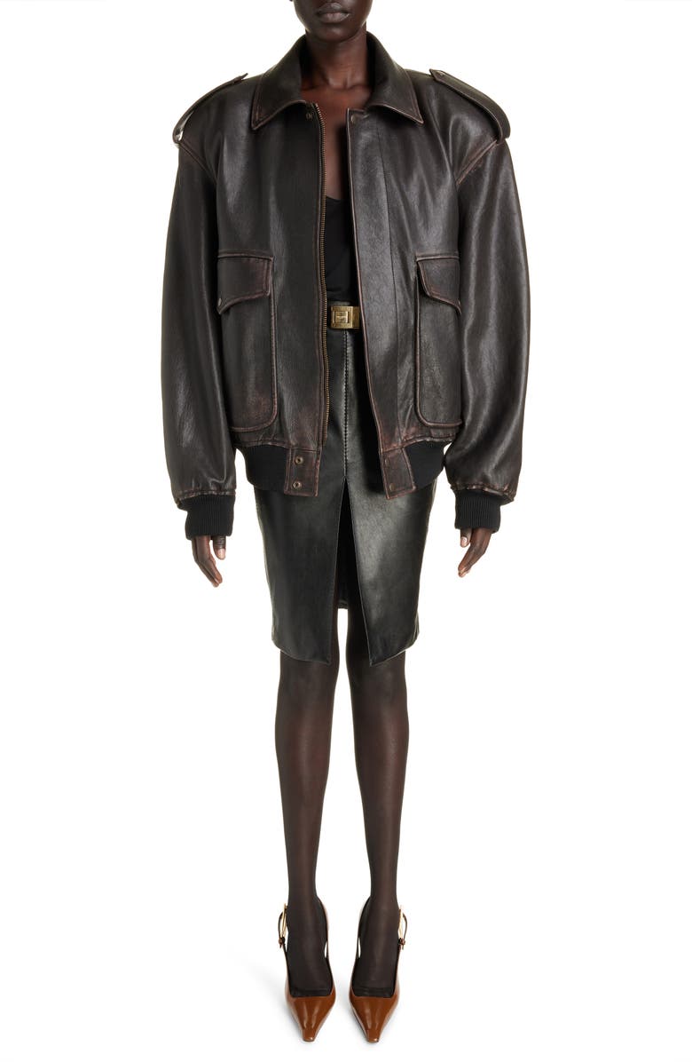 Saint Laurent Oversize Lambskin Leather Bomber Jacket, Alternate, color, 