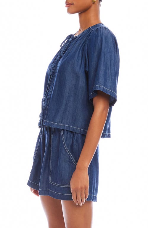 Fifteen Twenty Nadine Tie Front Cropped Top In Indigo Lightweight Denim In Indigo