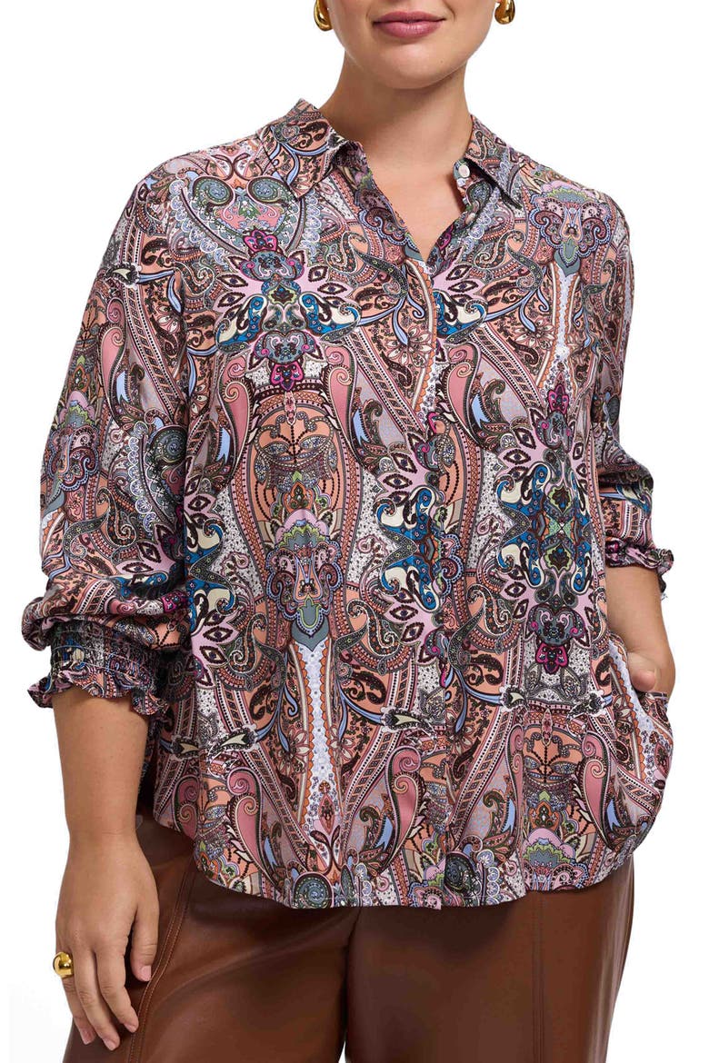 Olivia Paisley Smocked Cuff Button-Up Shirt, Main, color, BEIGE