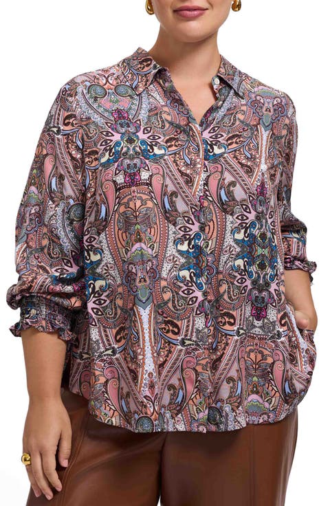 Olivia Paisley Smocked Cuff Button-Up Shirt (Plus)