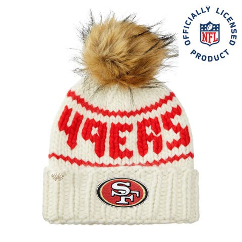 White 49Ers Beanie With Faux Fur Pom