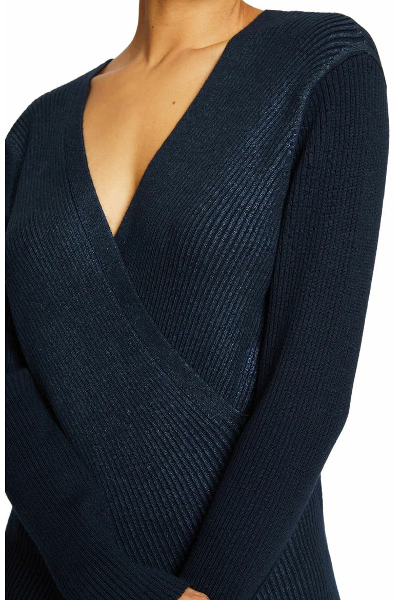 STACY Crossover V-Neck Sweater in Coated Wool Blend, Alternate, color, SPACE BLUE