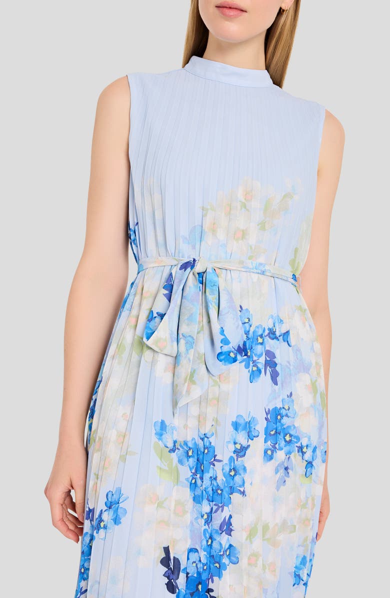 Tahari ASL Border Print Pleated Tie Waist Midi Dress, Alternate, color, Ivory Blue Floral