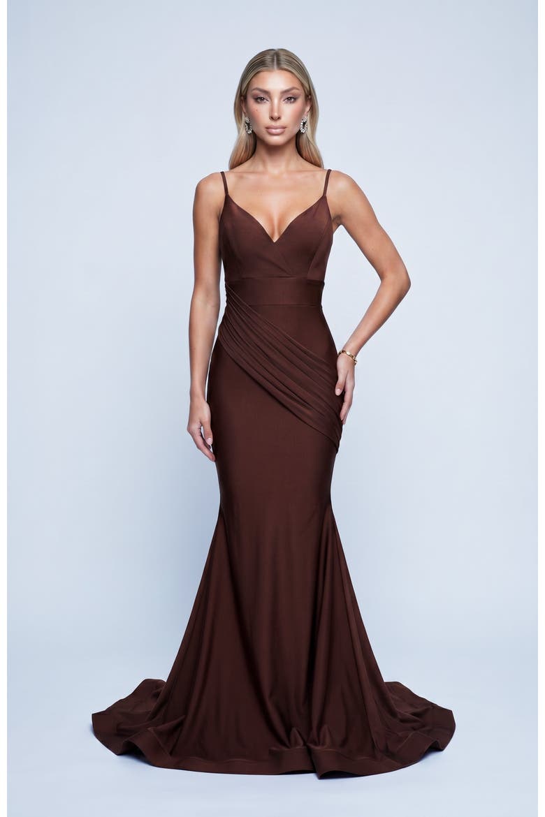Ruched Plunge Neck Mermaid Evening Gown, Alternate, color, Brown