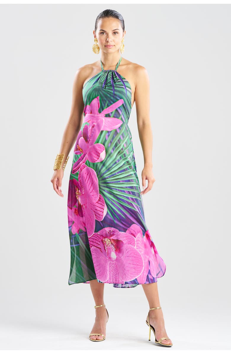 Natori Orchid Silk Cotton Voile Halter Dress, Main, color, Multi