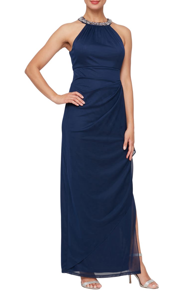 Alex Evenings Embellished Halter Ruched Column Formal Gown, Main, color, Navy
