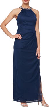 Alex Evenings Embellished Halter Ruched Column Formal Gown